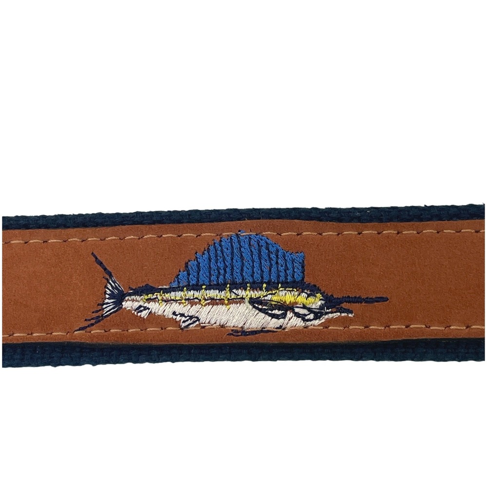 World Wide Sportsman Men Belt Leather Embroidered Sailfish 44 Brown Navy Boating - Picture 3 of 5